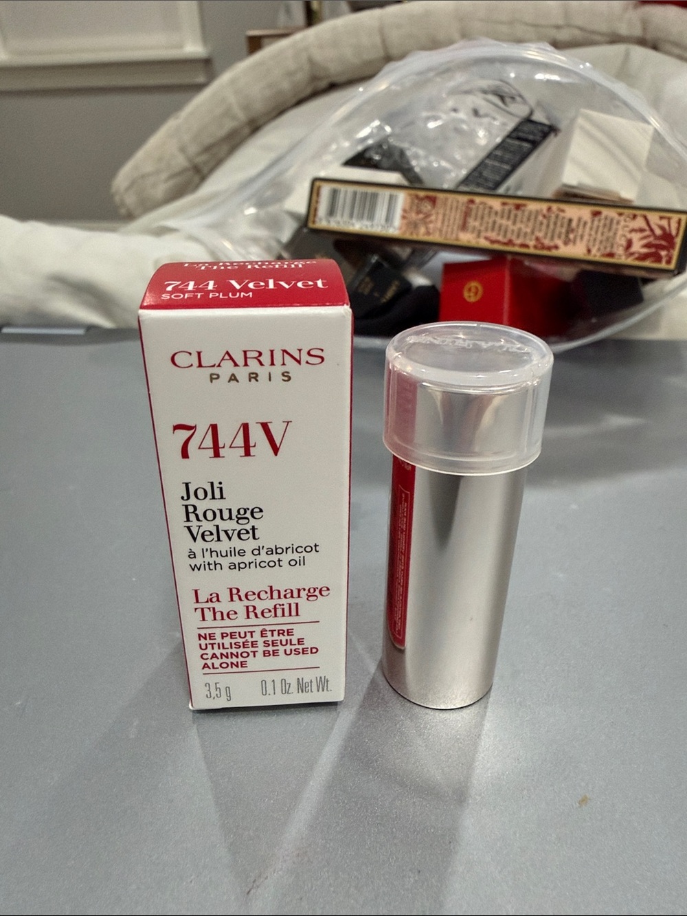 Clarins Joli Rouge Velvet Refill 744V Soft Plum - Silver Tube with Red Accents
